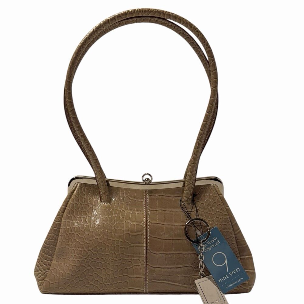 Nine West Handbag Medium Tan Croc Embossed Frame Kiss Lock NWT Retro Purse Bag